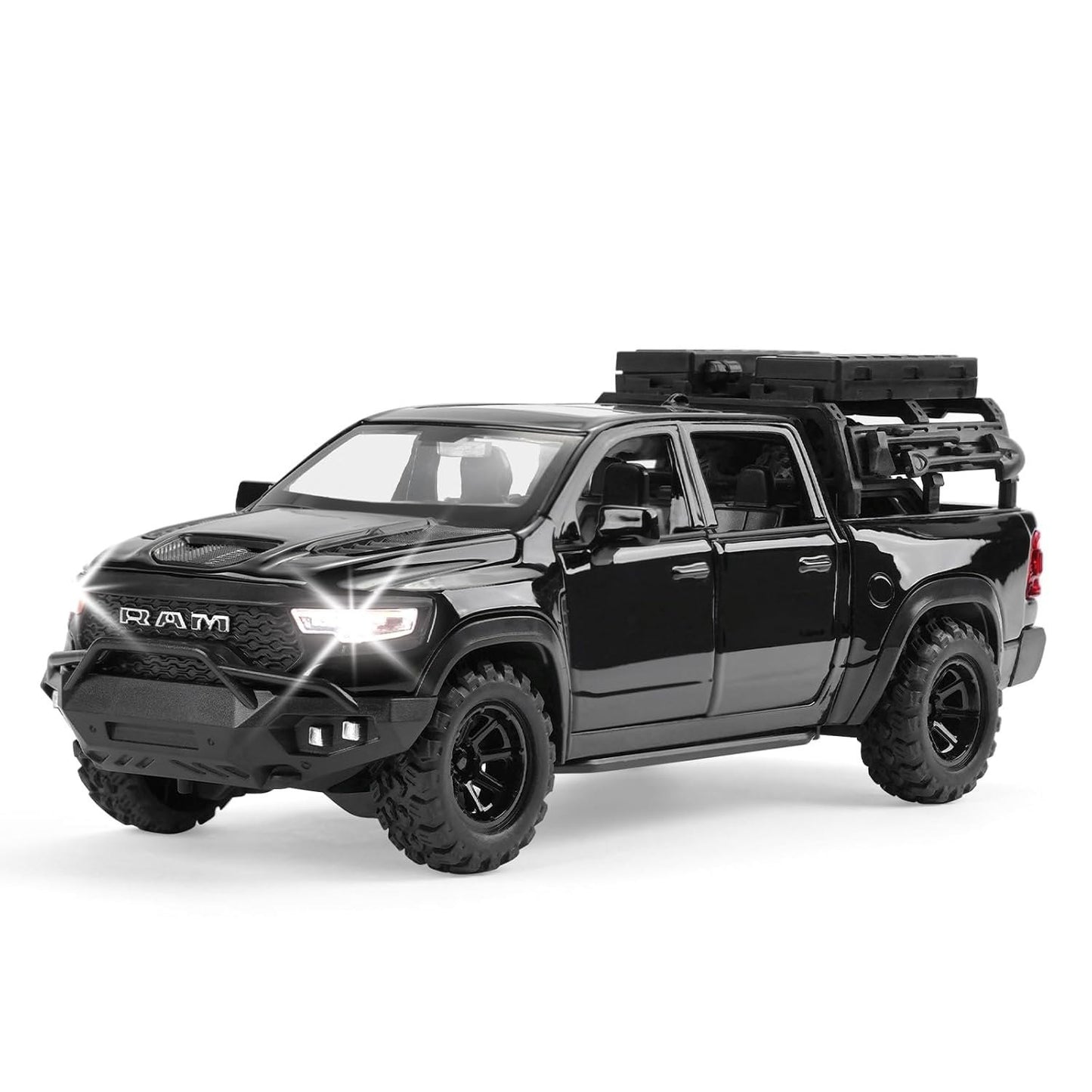 RAM PICKUP TRUCK 1:32 DIECAST SCALE MODEL METAL PULL BACK WITH OPENABLE DOORS & LIGHT, MUSIC TOY VEHICLE FOR KIDS [SIZE:- 19CM*8CM*7.2CM] 【 MULTICOLOR 】
