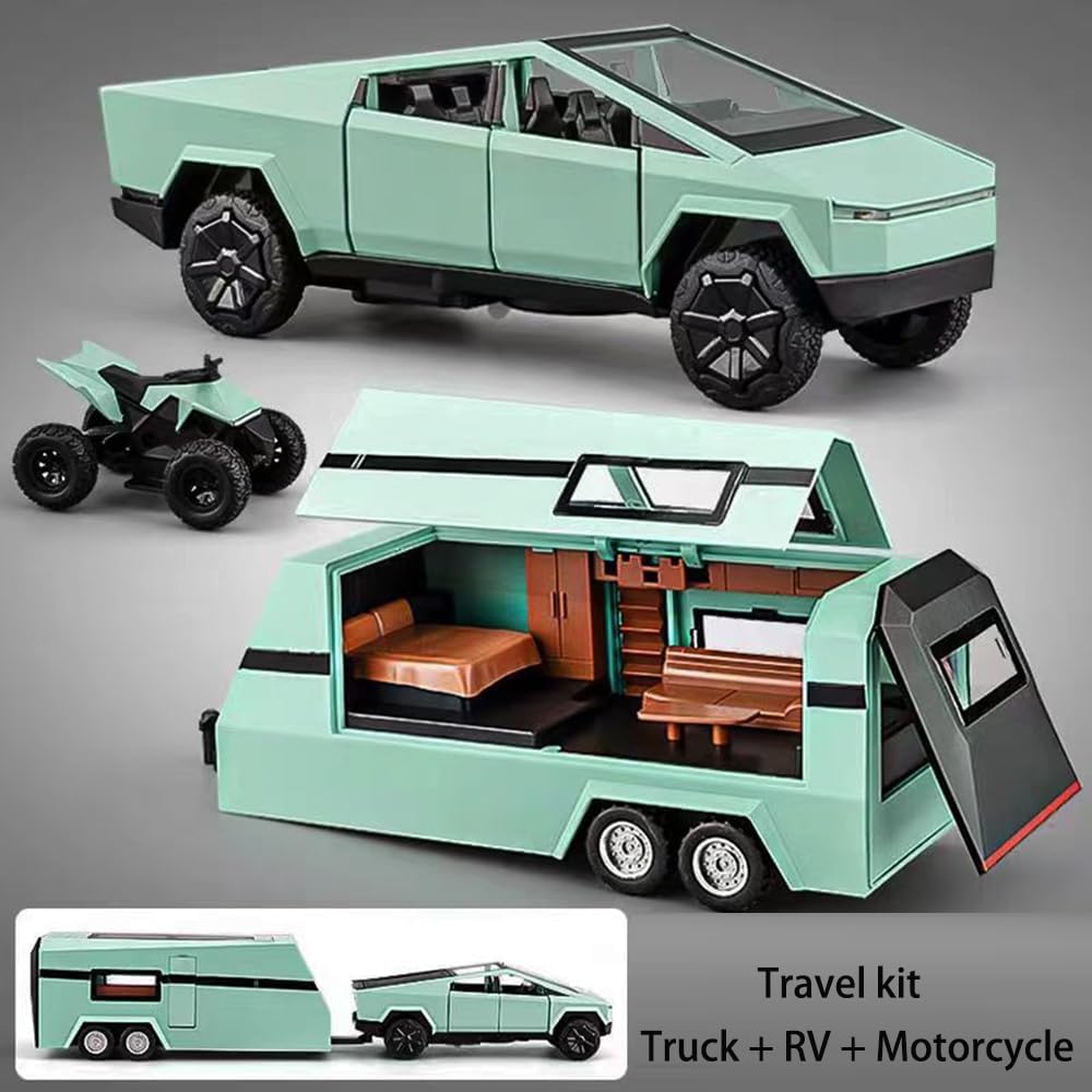Tesla Cyber Truck Pick-up Trailer Camper 1:18 Diecast Scale Model Car