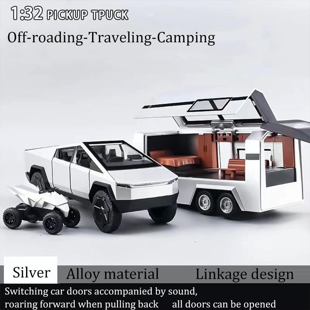 Tesla Cyber Truck Pick-up Trailer Camper 1:18 Diecast Scale Model Car