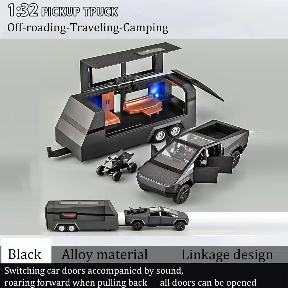 Tesla Cyber Truck Pick-up Trailer Camper 1:18 Diecast Scale Model Car