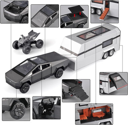Tesla Cyber Truck Pick-up Trailer Camper 1:18 Diecast Scale Model Car