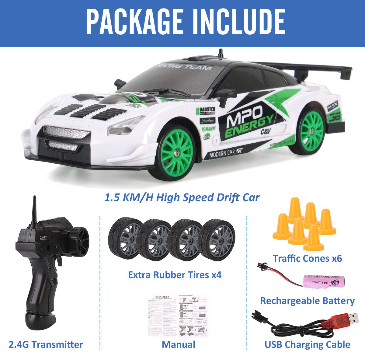RC Drift Car 1/24 2.4GHz 4WD Remote Control Sport Racing On-Road Vehicle
