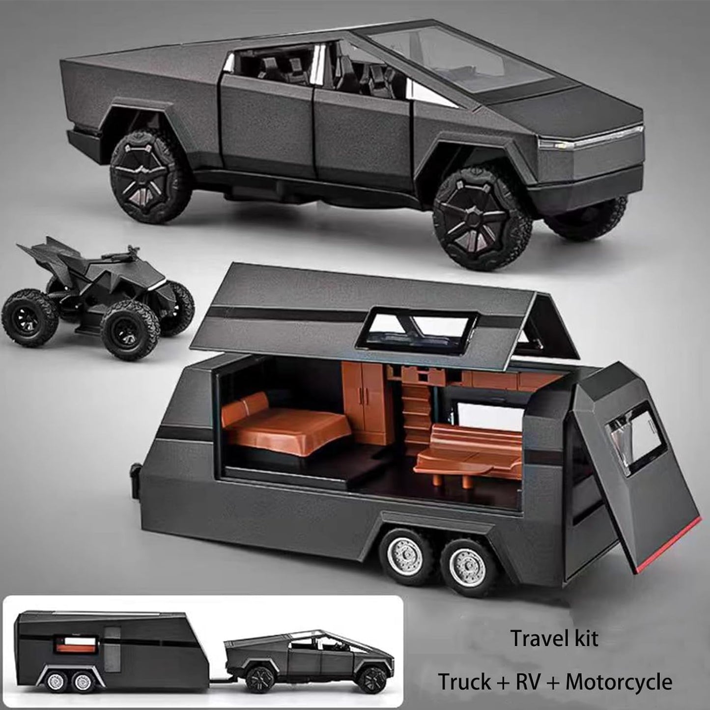 Tesla Cyber Truck Pick-up Trailer Camper 1:18 Diecast Scale Model Car