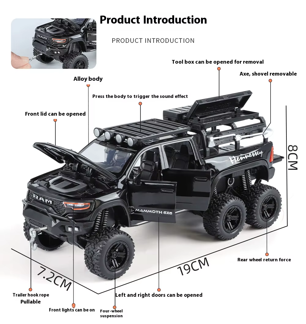 RAM PICKUP TRUCK 1:32 DIECAST SCALE MODEL METAL PULL BACK WITH OPENABLE DOORS & LIGHT, MUSIC TOY VEHICLE FOR KIDS [SIZE:- 19CM*8CM*7.2CM] 【 MULTICOLOR 】